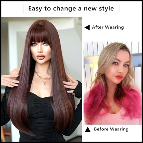 Long Straight Synthetic Wig with Bangs Heat Resistant Layered Party Festival main image 4